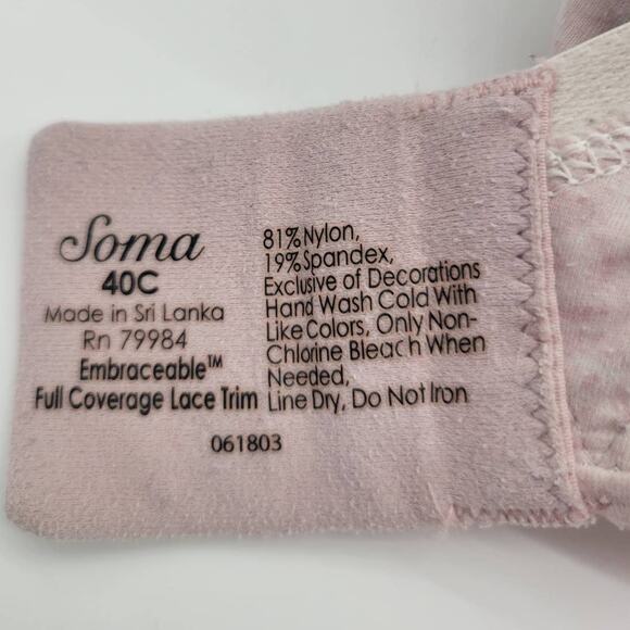 Soma Light Pink Embraceable Lace Trim Full Coverage Underwire Bra Size 40C - Picture 4 of 8